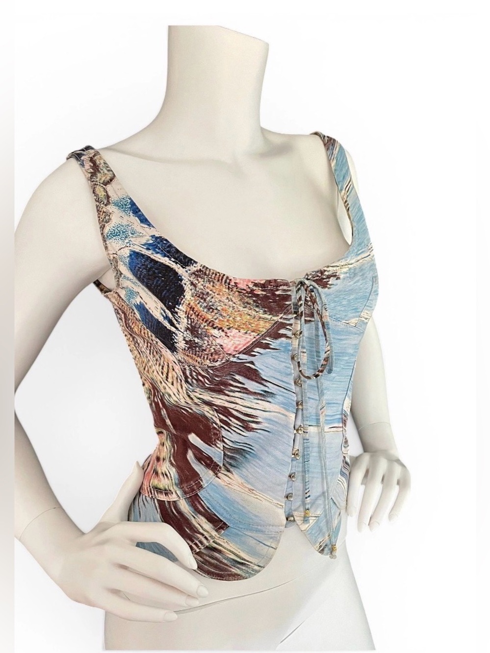 ROBERTO CAVALLI Vintage S/S 2004 Blue Cotton Feather Motif Corset Bustier Top M